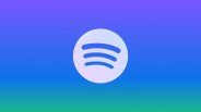 White Spotify logo with three curved lines inside a circle on a blue to purple gradient background.