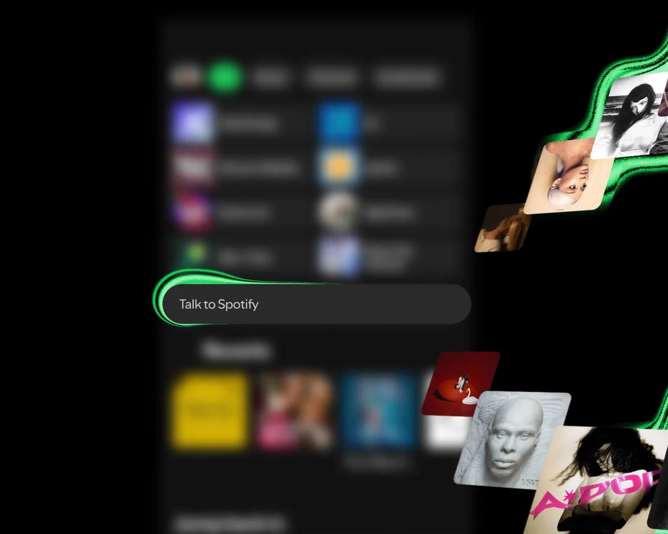 Spotify app interface with a "Talk to Spotify" voice command prompt and floating album covers on a black background.