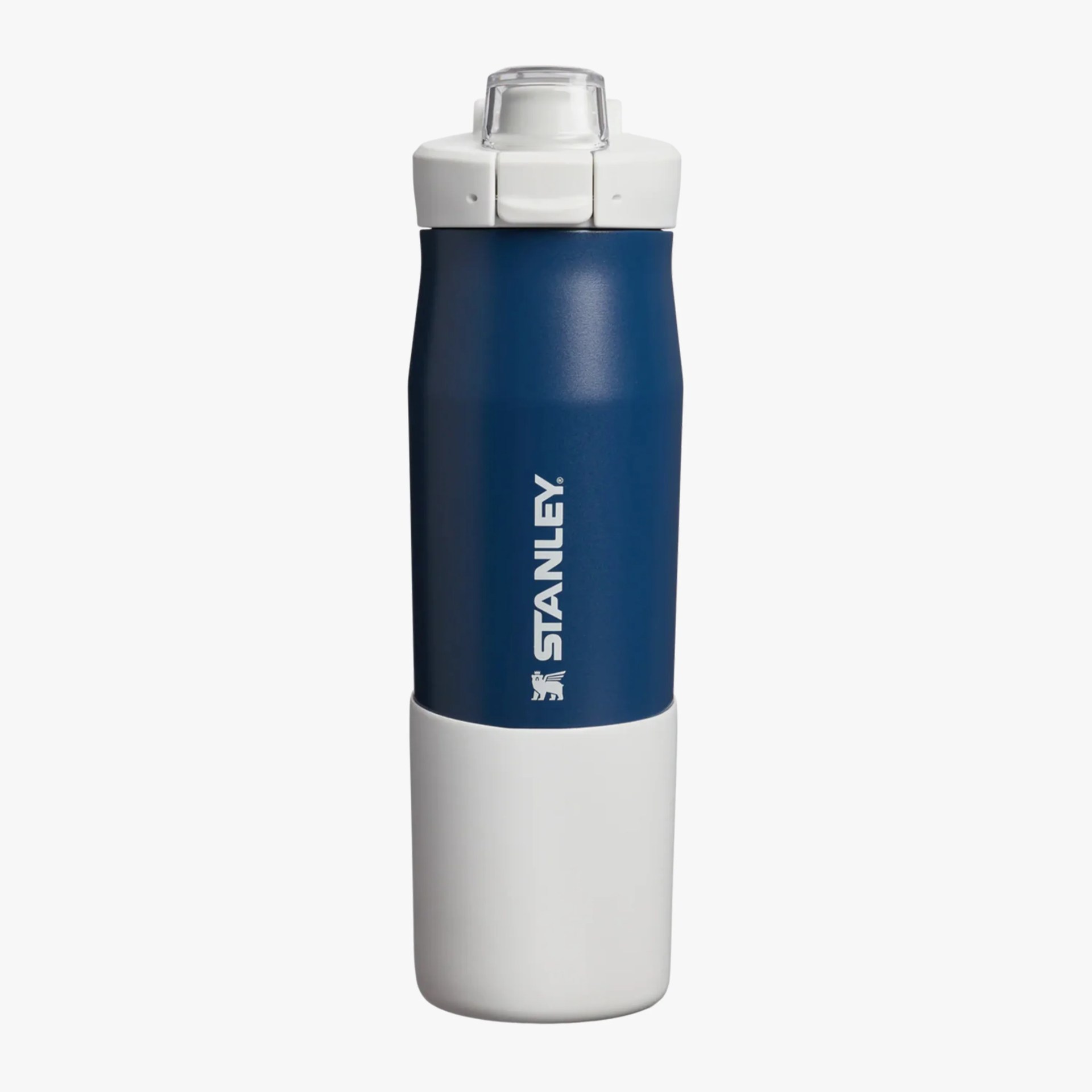 Blue and white Stanley insulated water bottle with a white flip-top lid.