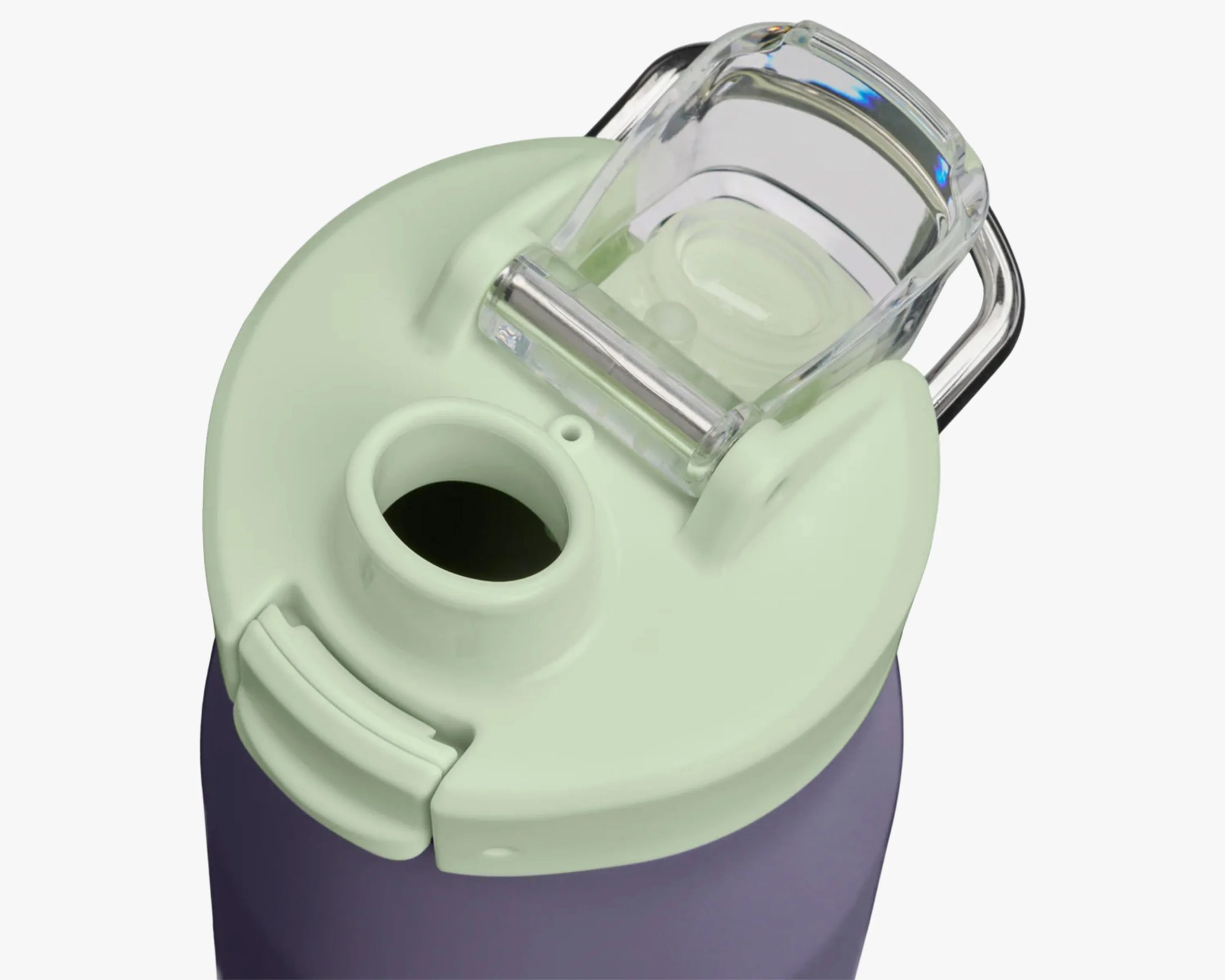 Close-up of a light green water bottle lid with a clear flip-top spout and a purple bottle body.