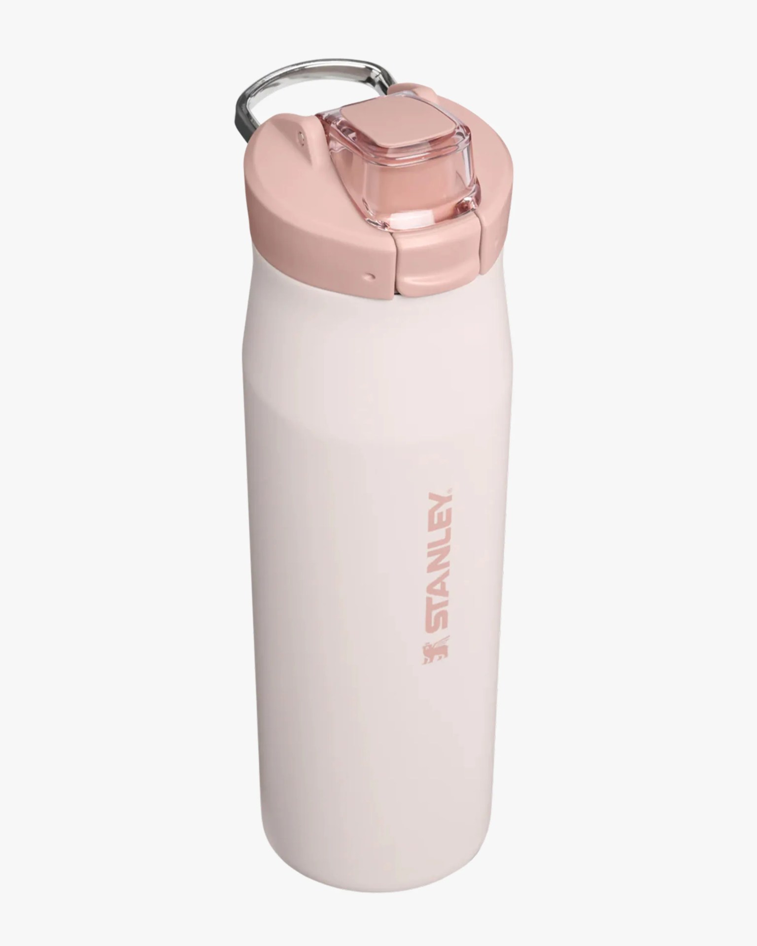 Tall light pink Stanley insulated water bottle with a flip-top lid and metal handle.