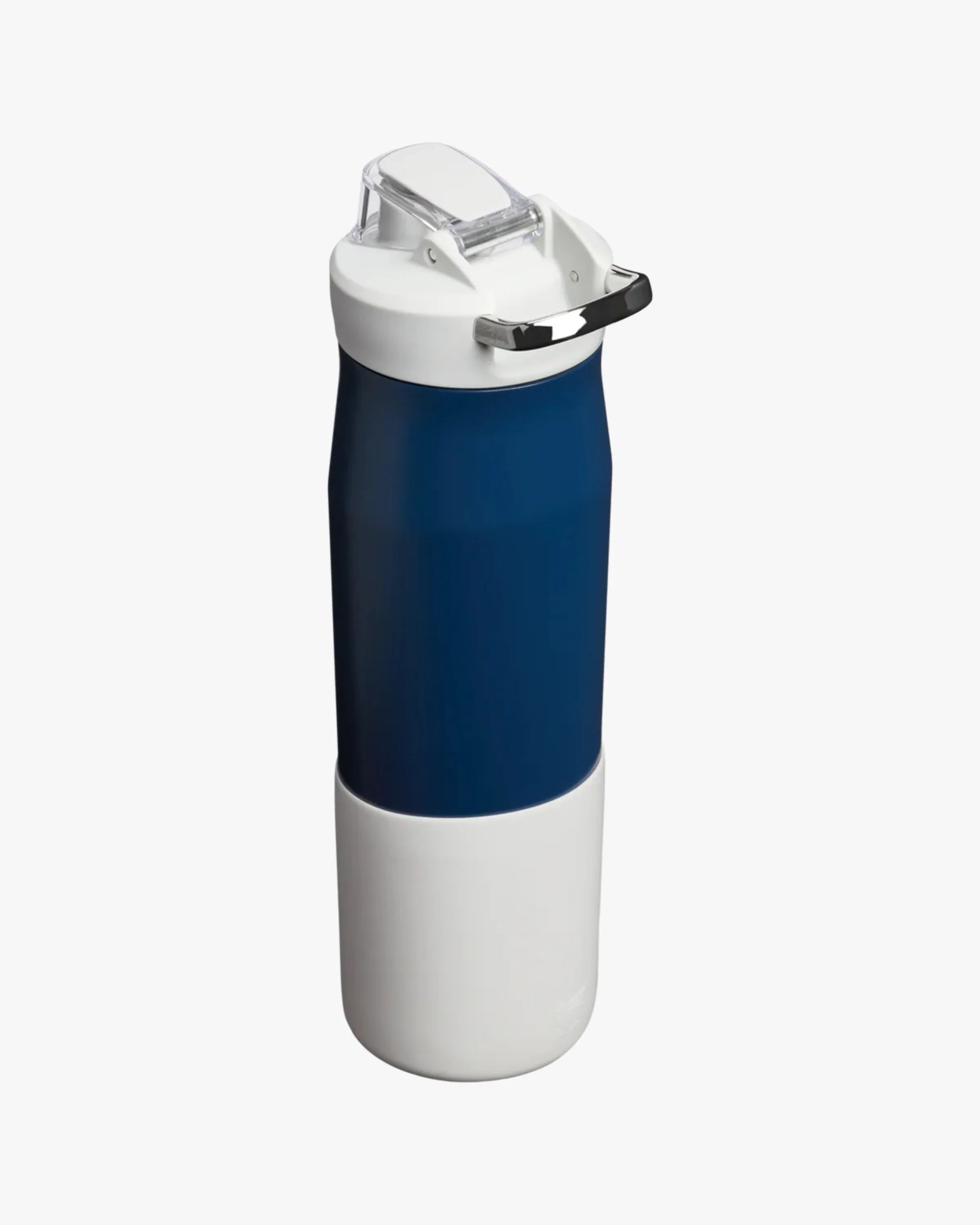Blue and white insulated water bottle with a white flip-top lid and a black carrying handle.