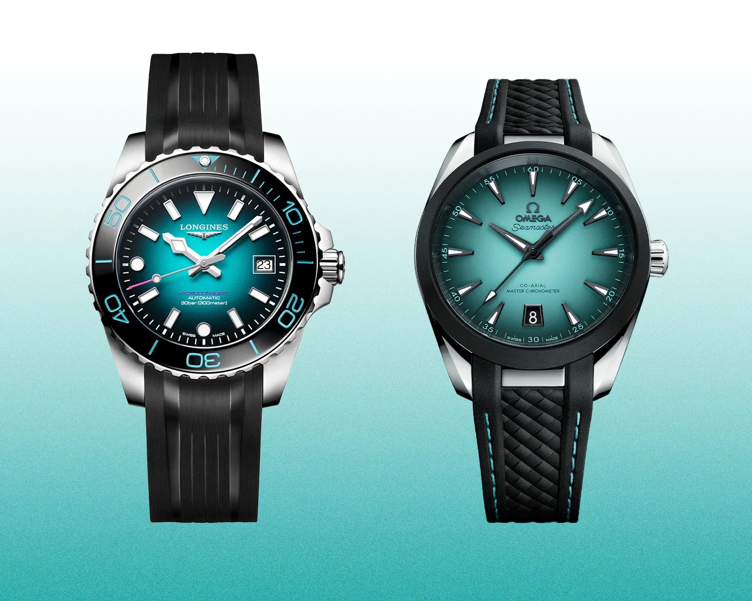 Two luxury wristwatches with teal gradient dials and black straps, one Longines HydroConquest and one Omega Seamaster.