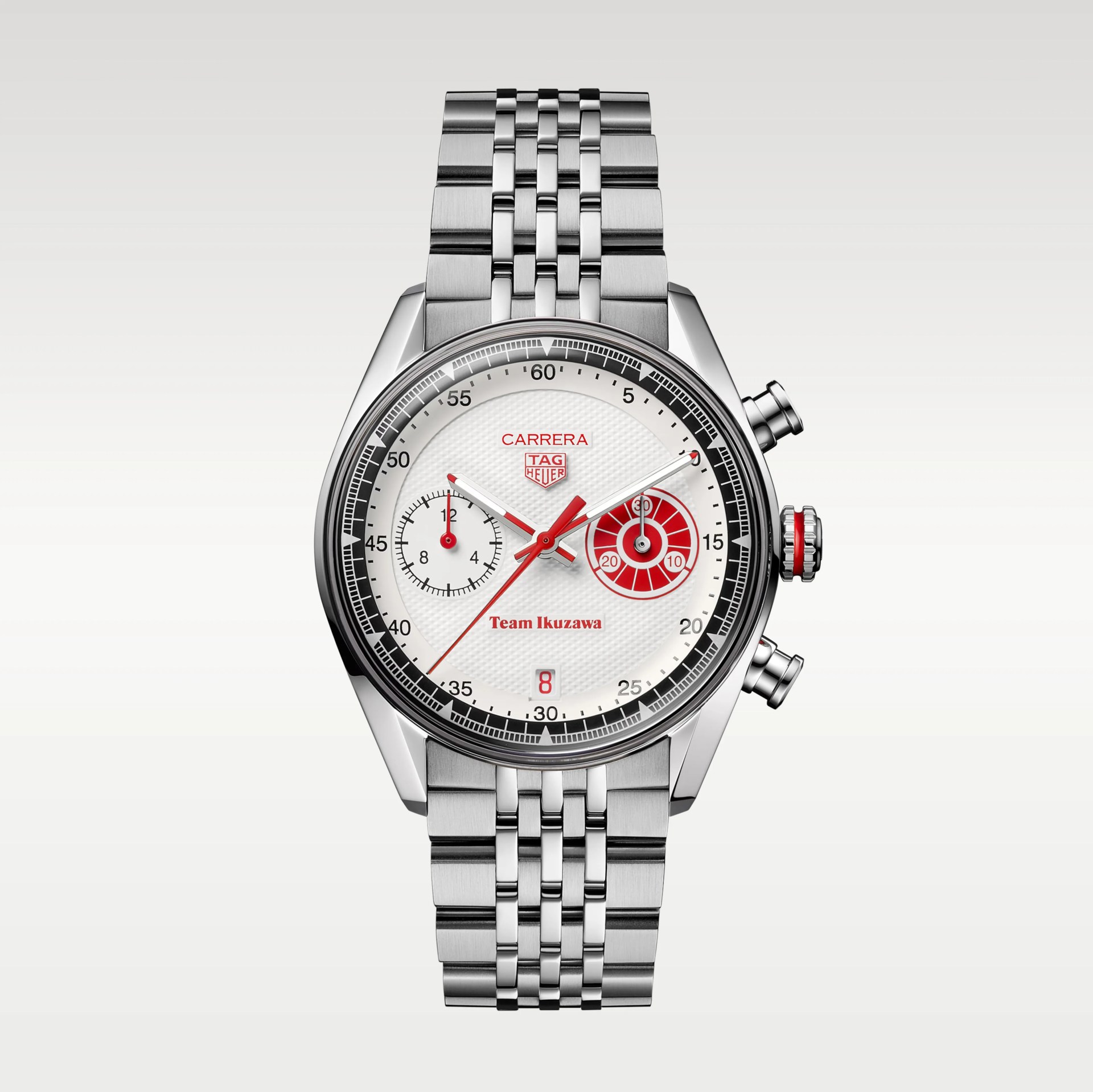Silver TAG Heuer Carrera chronograph watch with white dial, red accents, and stainless steel bracelet.
