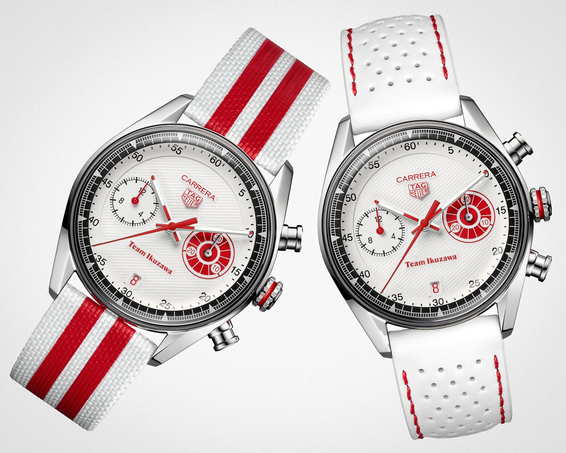 Two TAG Heuer Carrera watches with white dials, red accents, and one with a white strap with red stripes, the other with a white perforated leather strap with red stitching.