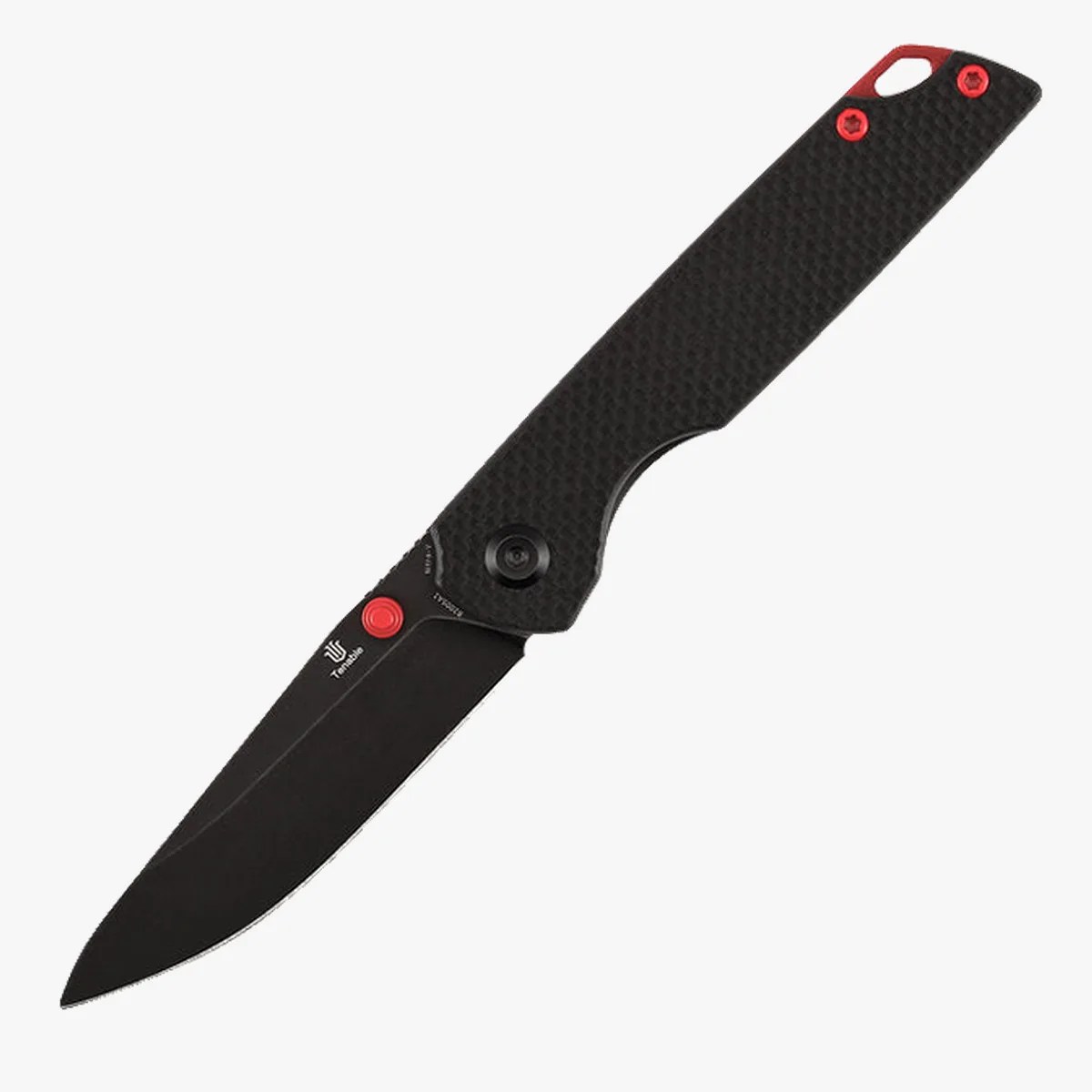 Black folding knife with textured handle and red accents on screws and button.