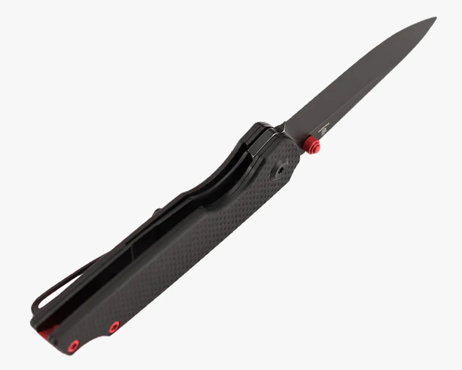 Black folding knife with textured handle and red accents on the thumb stud and screws.