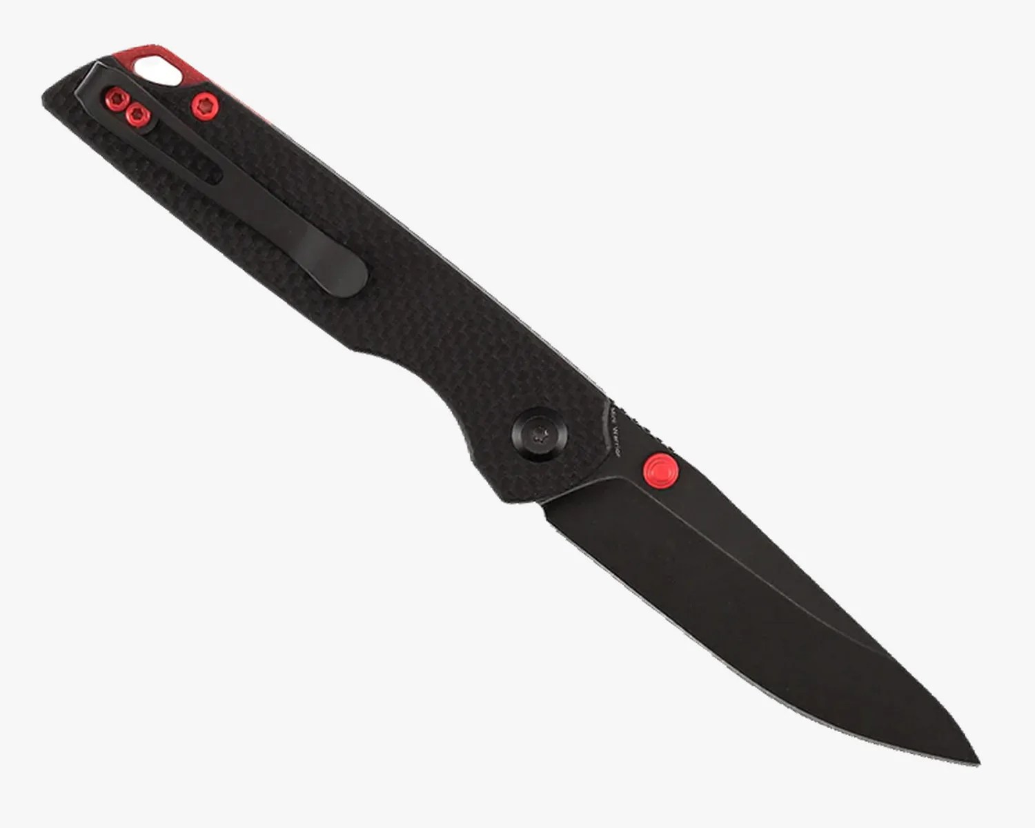 Black folding knife with textured handle, red accents, and pocket clip.