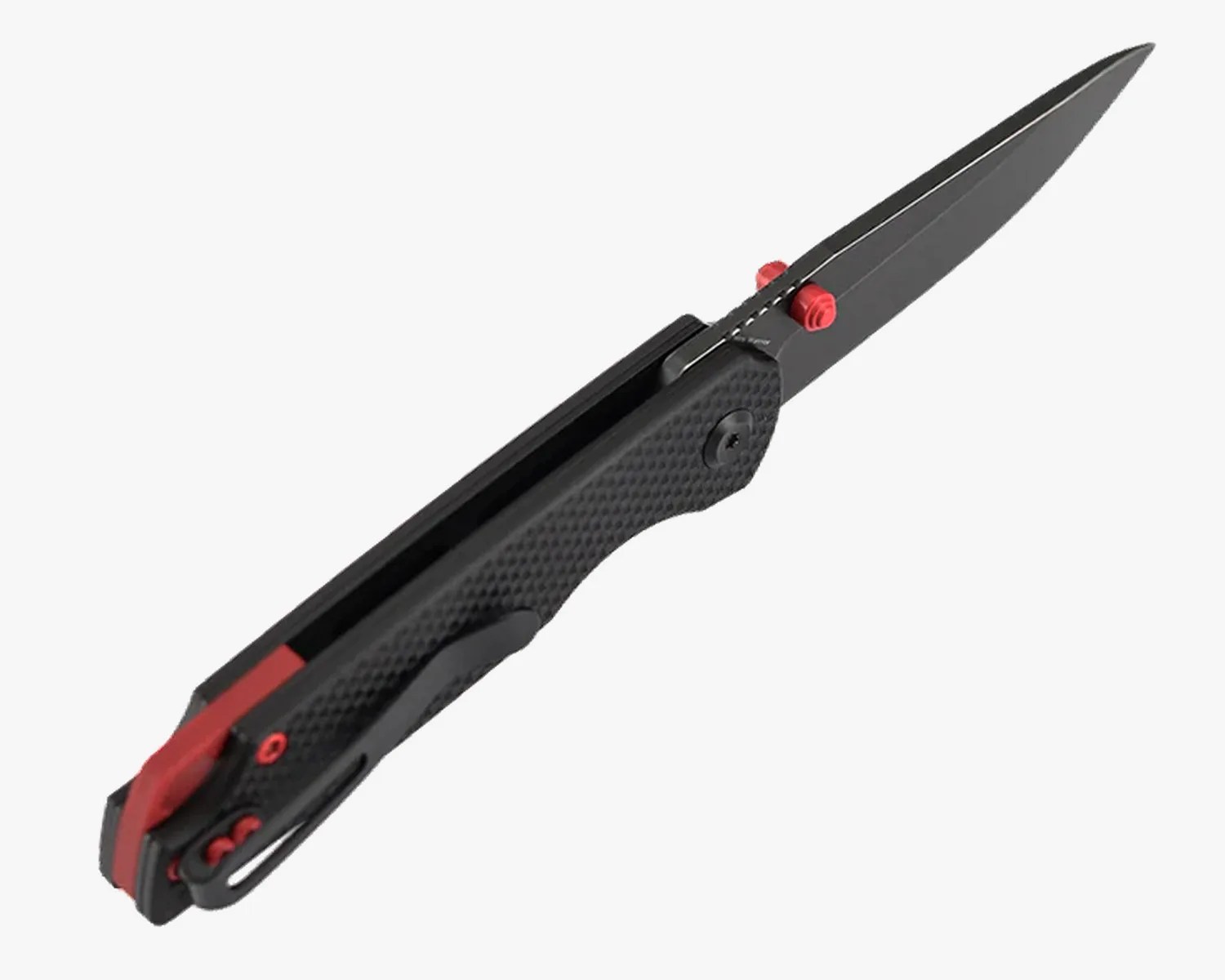 Black folding knife with textured handle and red accents on the blade and clip.