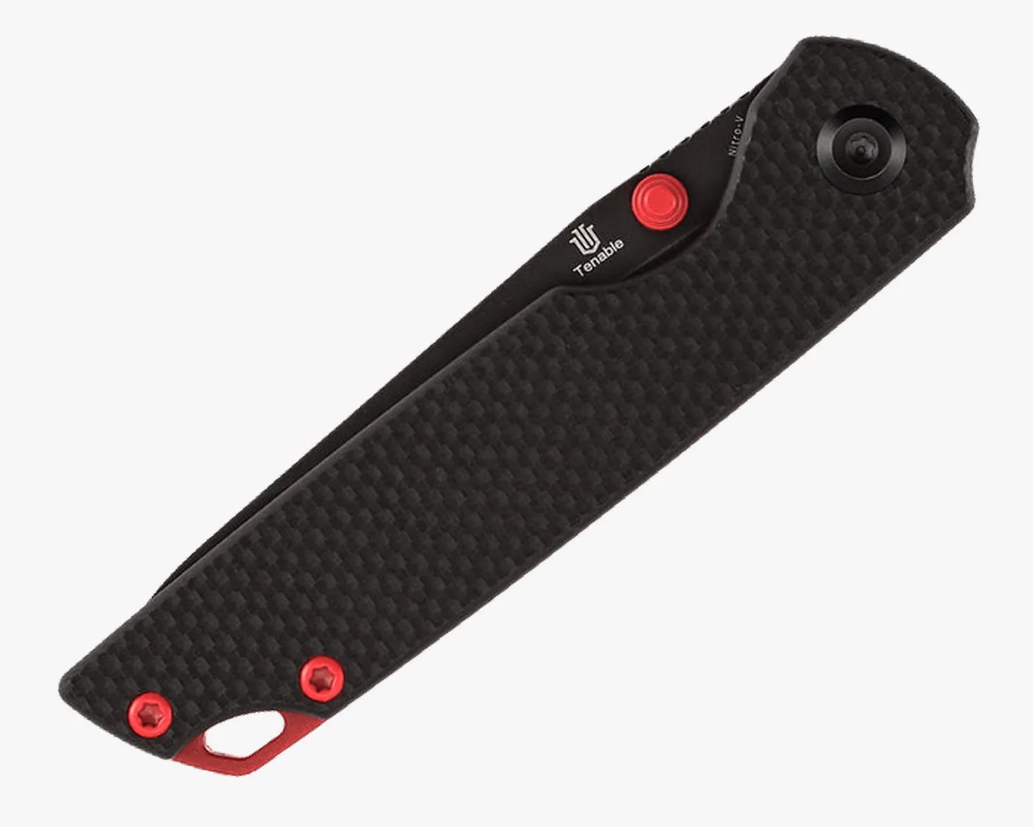 Black textured folding knife handle with red screws and a red button near the Tenable logo.