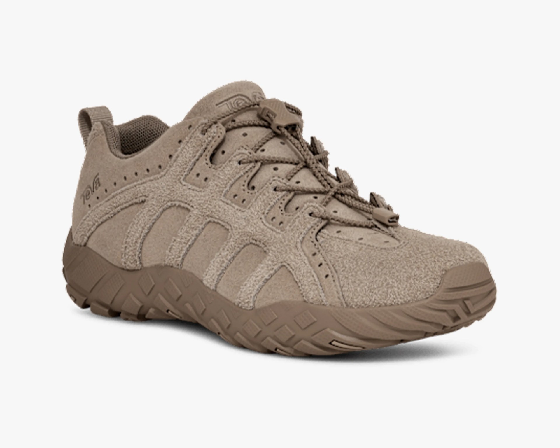 Tan suede hiking shoe with textured sole and toggle lace closure.