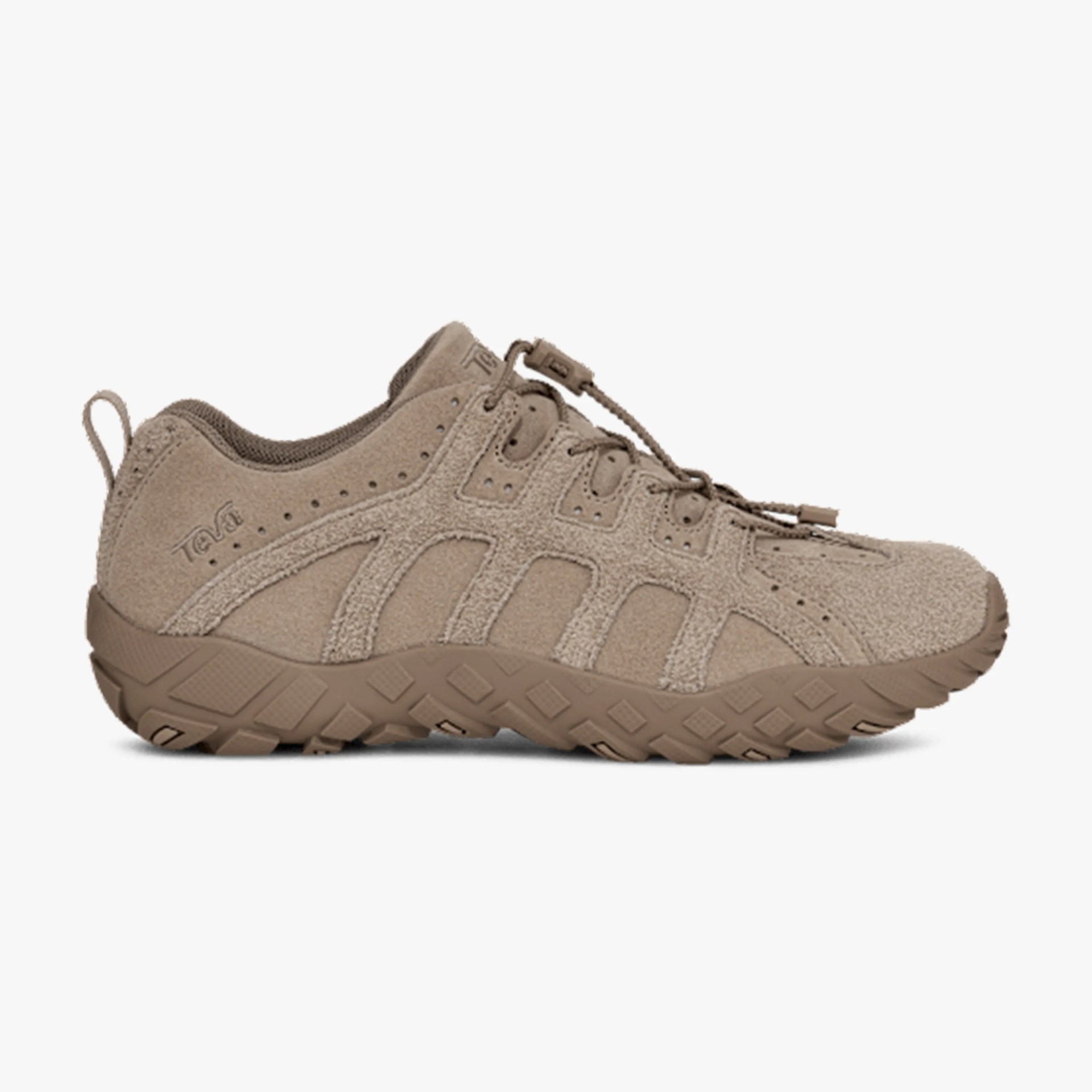Taupe suede hiking shoe with textured sole and quick-pull laces.