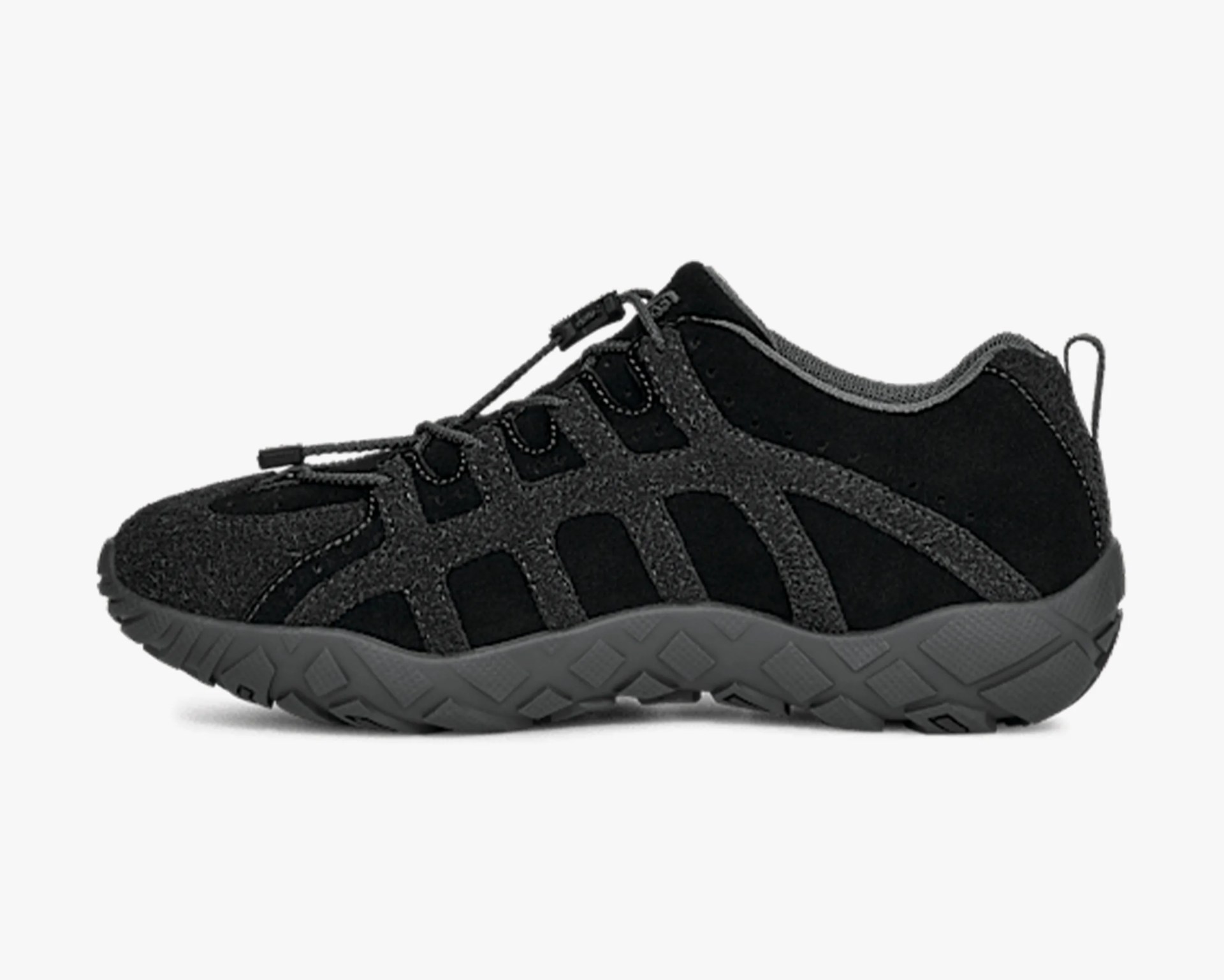 Black and dark gray hiking shoe with textured sole and quick-lace closure system.