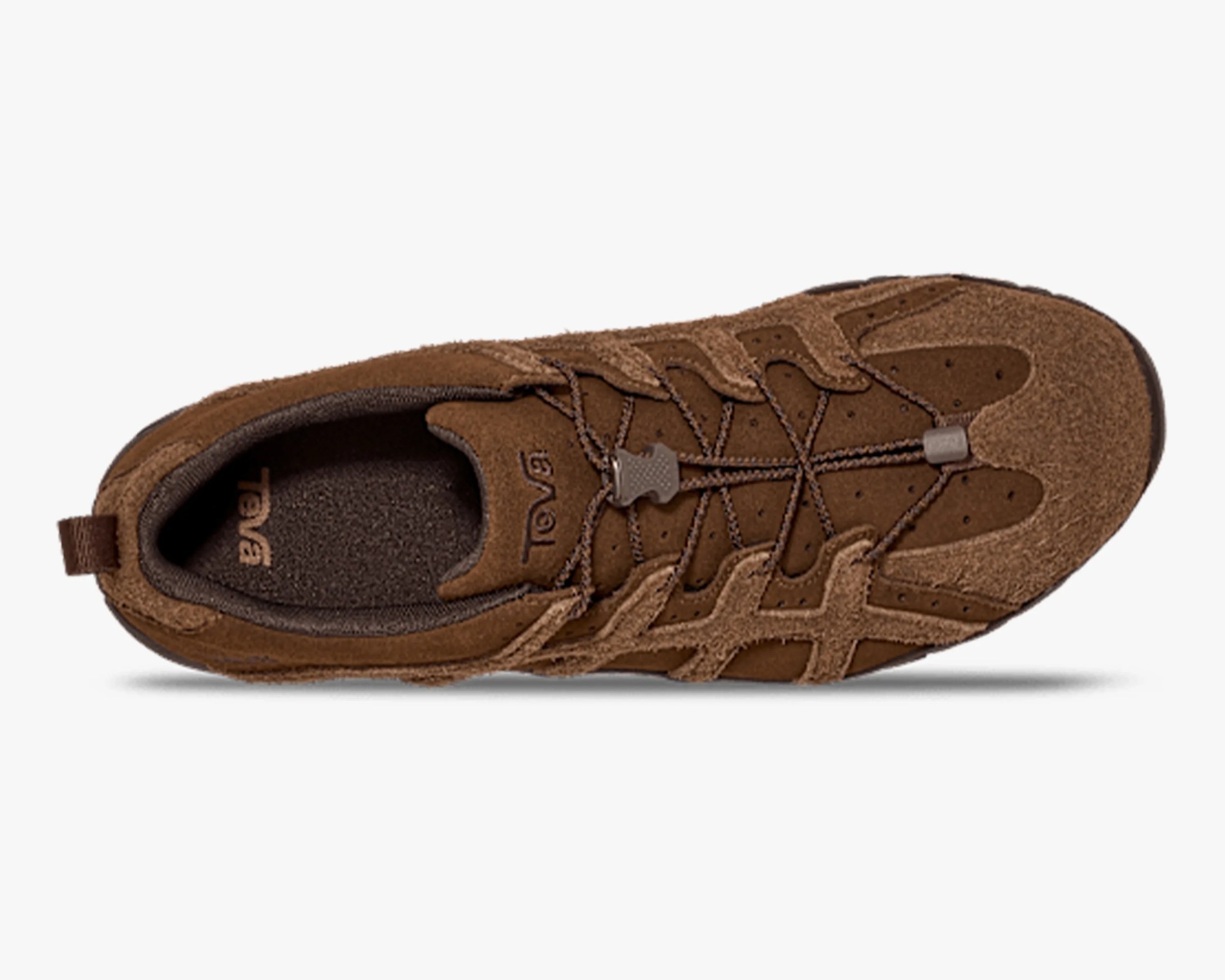 Brown suede hiking shoe with dark brown laces and cushioned collar, viewed from above.