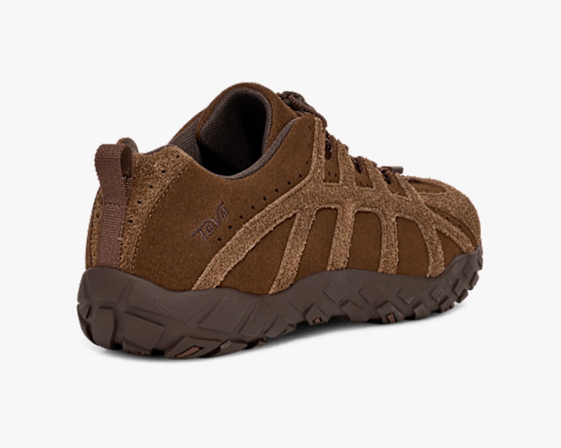 Brown suede hiking shoe with rugged dark brown sole and pull tab at heel.