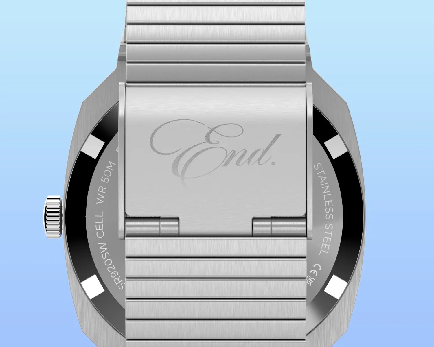 Brushed stainless steel watch clasp engraved with the word "End." on a metal link bracelet.