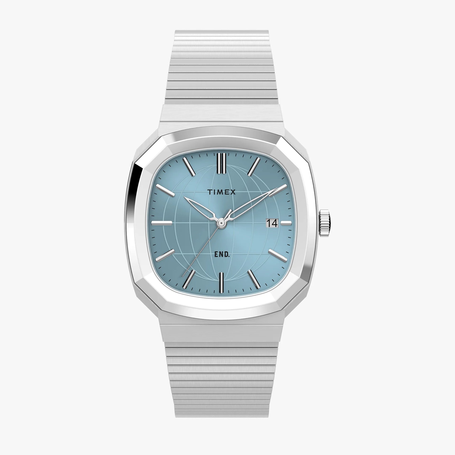 Silver metal wristwatch with a light blue dial featuring a globe design and date display.