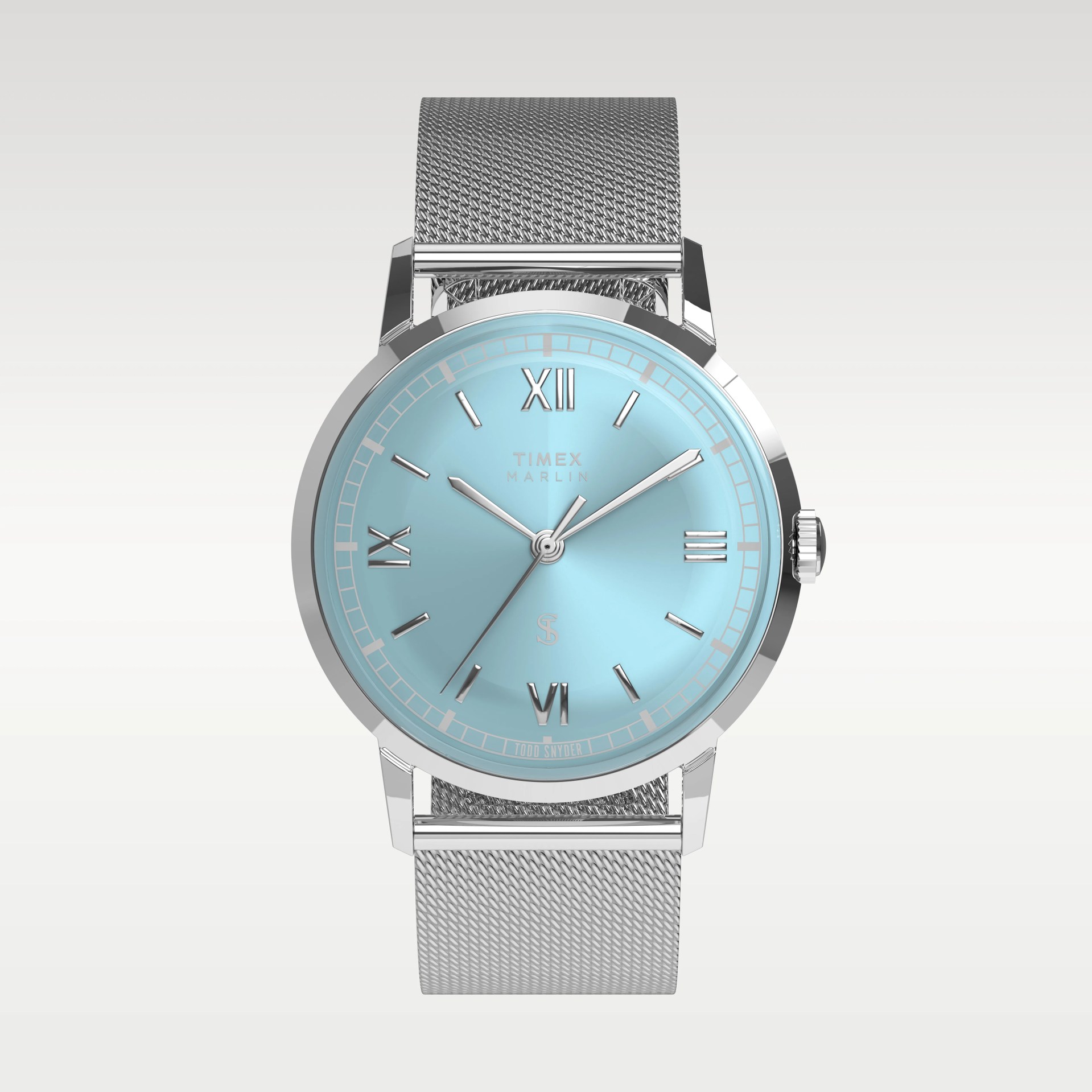 Silver mesh strap watch with light blue dial and Roman numeral hour markers.