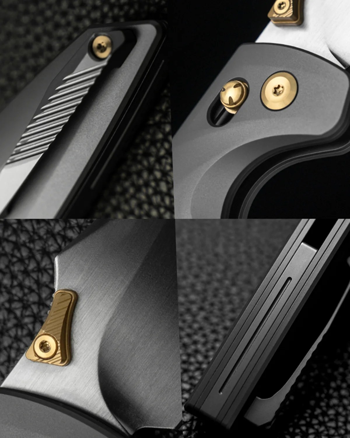 Close-up collage of a folding knife showing matte black handle with gold screws, textured grip, and brushed steel blade details.