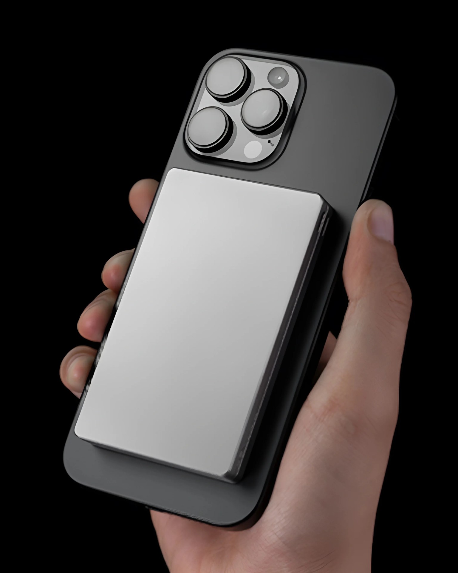 Hand holding a black smartphone with a large silver rectangular accessory attached to the back near the camera.
