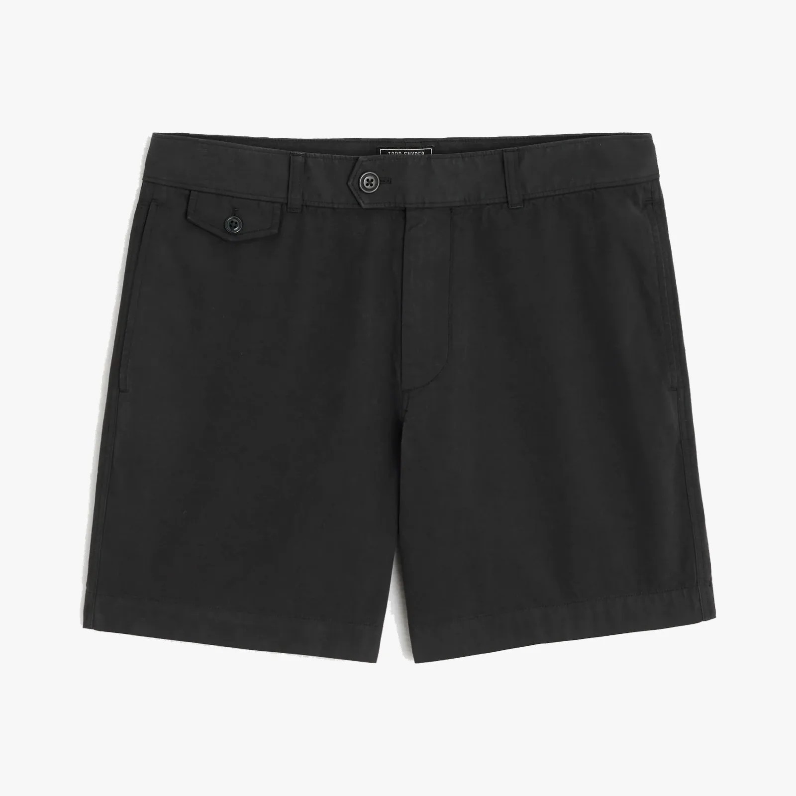 Black tailored shorts with a buttoned waistband and a small flap pocket on the front left side.