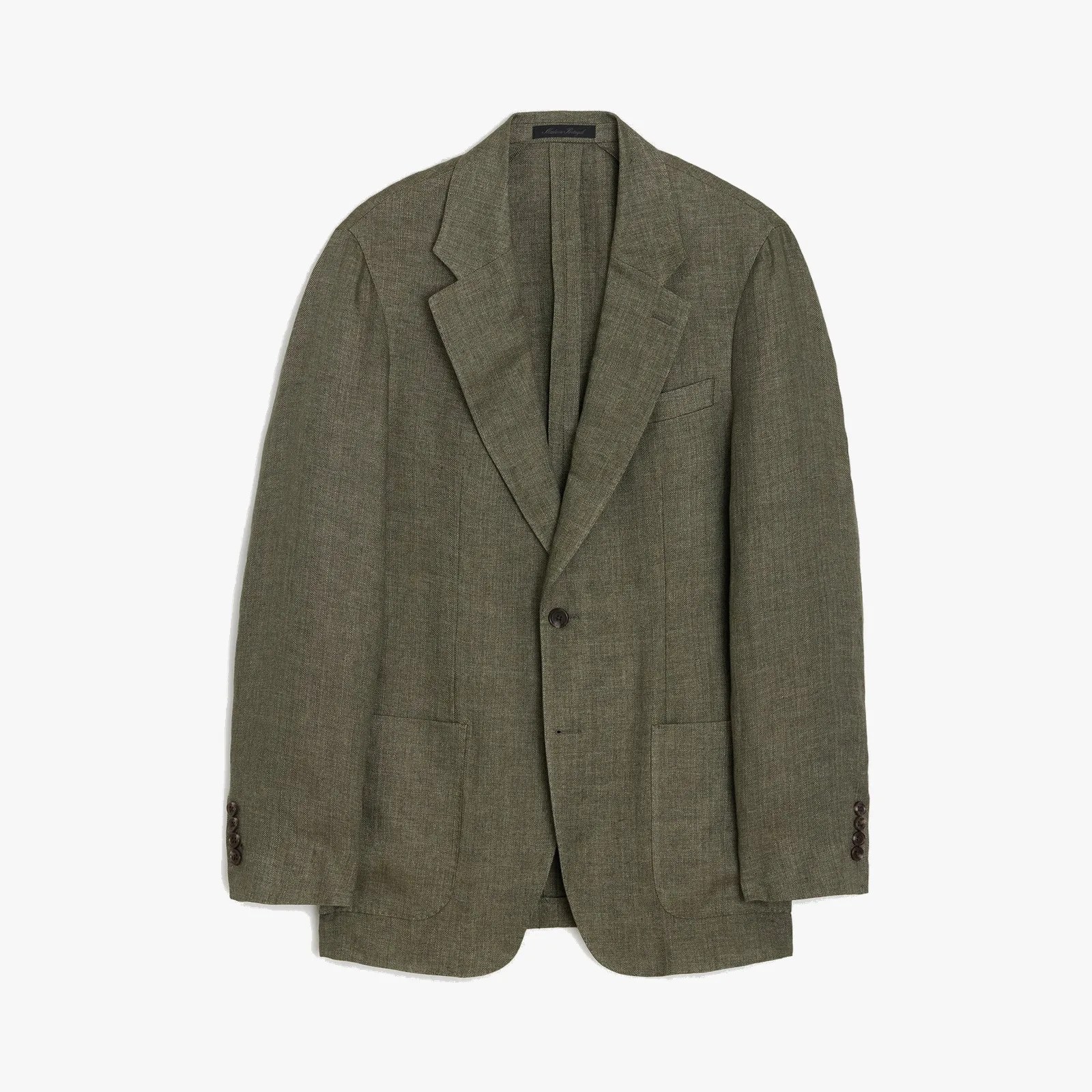 Olive-green single-breasted blazer with notch lapels and patch pockets.