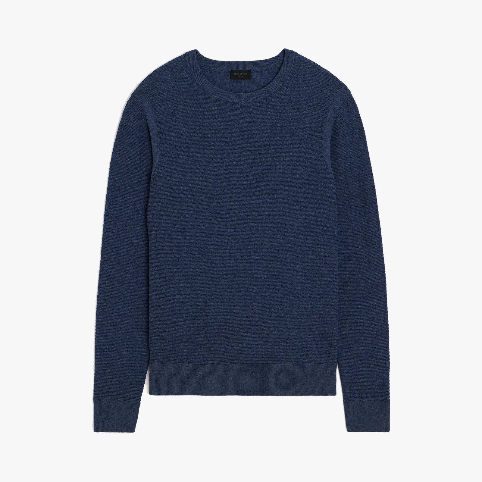 Navy blue ribbed knit crewneck sweater with long sleeves.