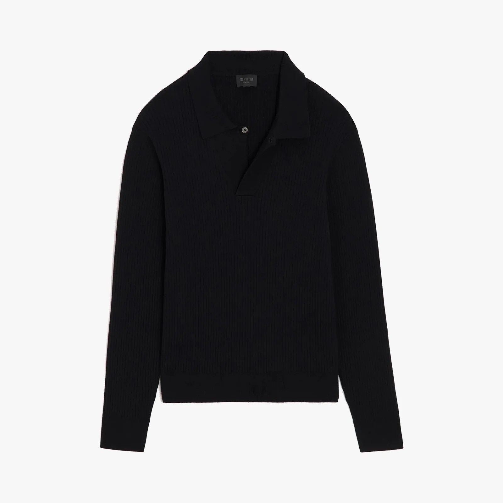Black long-sleeve ribbed knit polo sweater with a single button placket.
