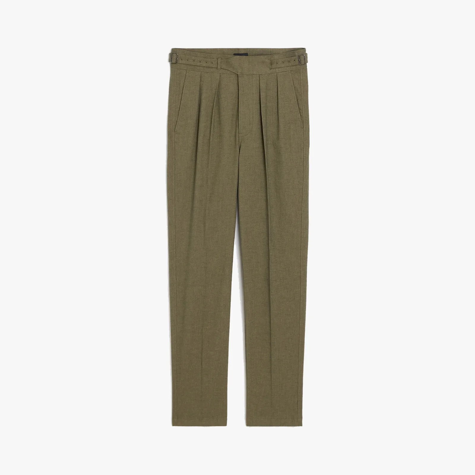 Olive green tailored trousers with pleats and adjustable side buckle straps.