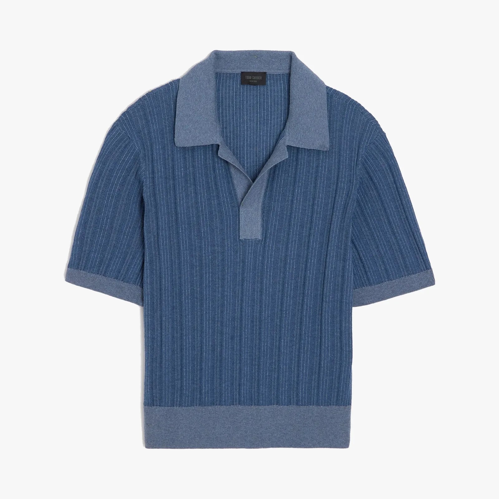 Blue ribbed knit short-sleeve polo shirt with a lighter blue collar and hem.