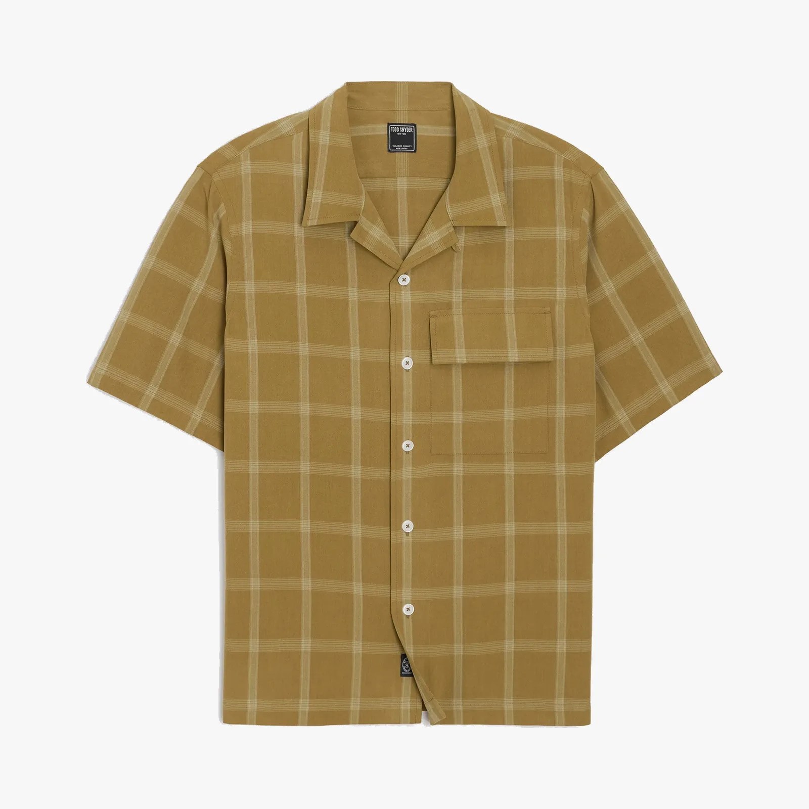 Short-sleeve mustard yellow button-up shirt with light beige plaid pattern and chest pocket.