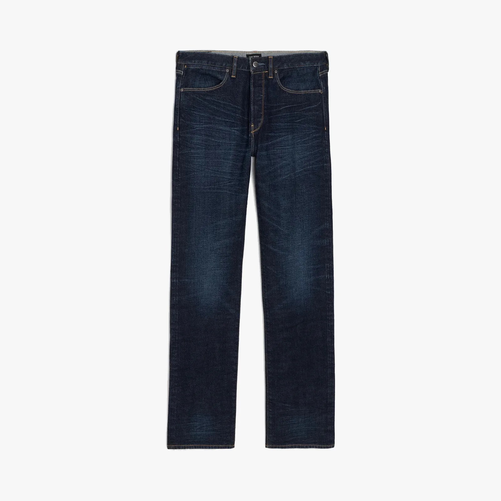 Dark blue denim jeans with subtle whiskering and five-pocket design laid flat on a white background.