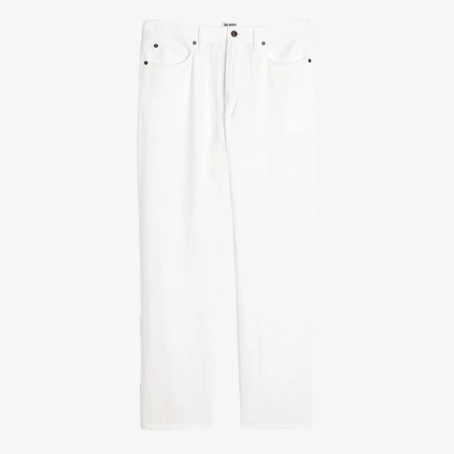 White denim jeans with five-pocket styling and button closure, shown flat on a white background.