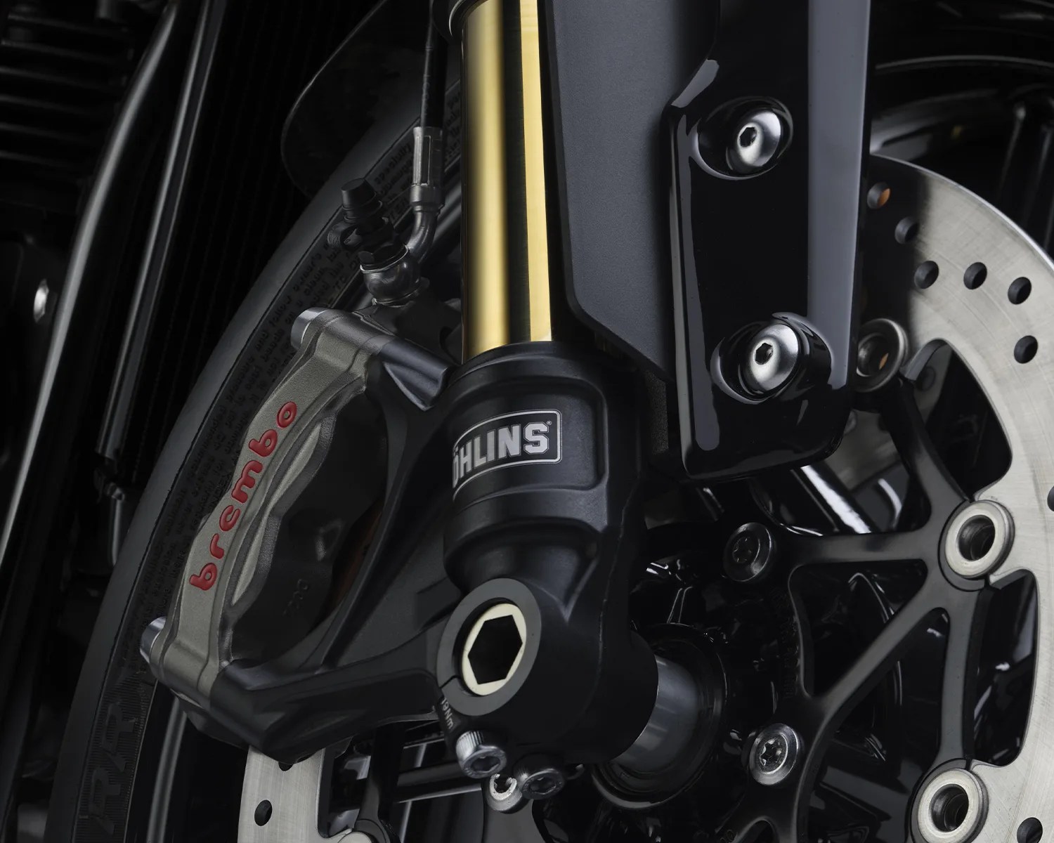 Close-up of a motorcycle front brake system featuring a Brembo caliper, &Ouml;hlins suspension fork, and drilled brake disc.