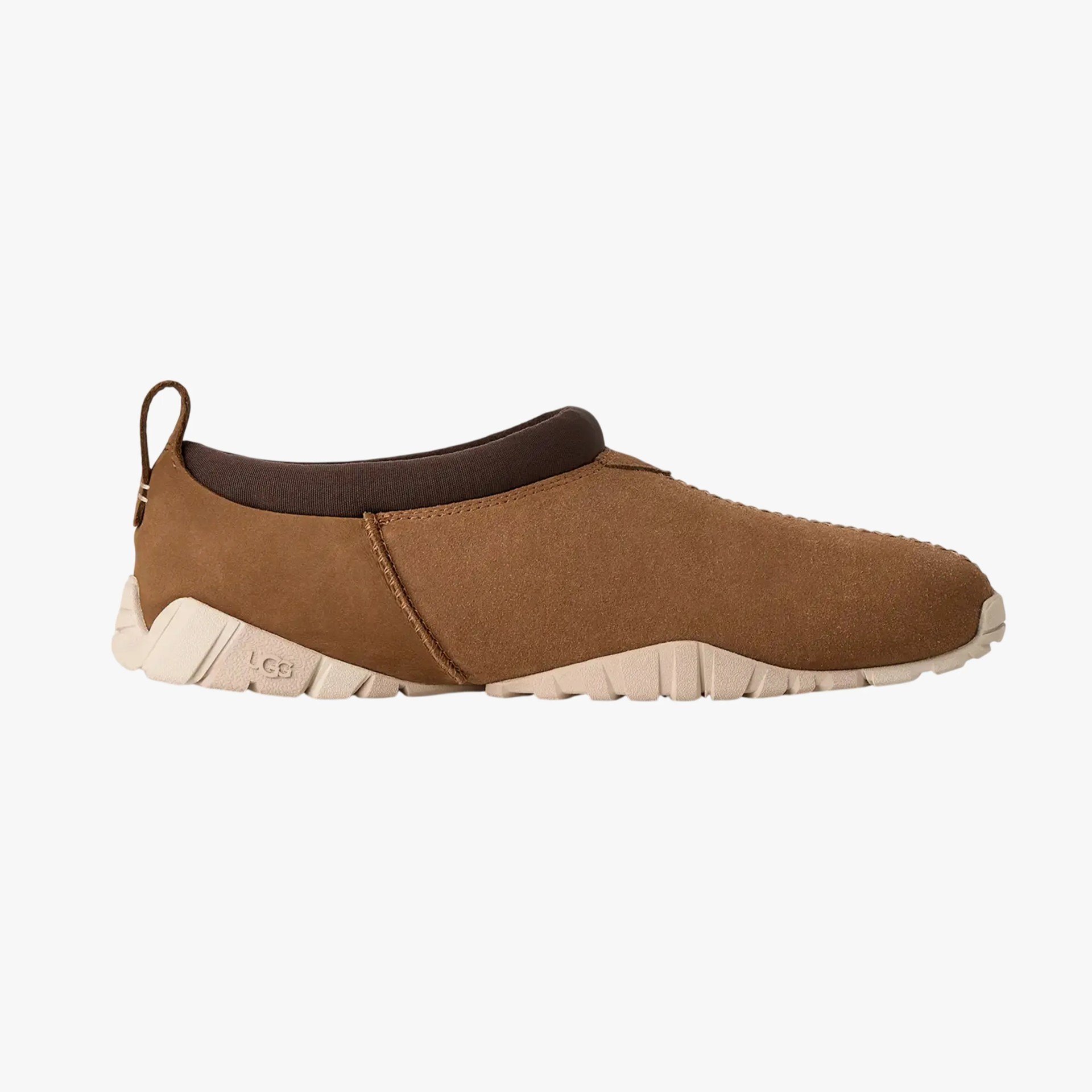 Brown slip-on shoe with white sole and pull tab at heel.