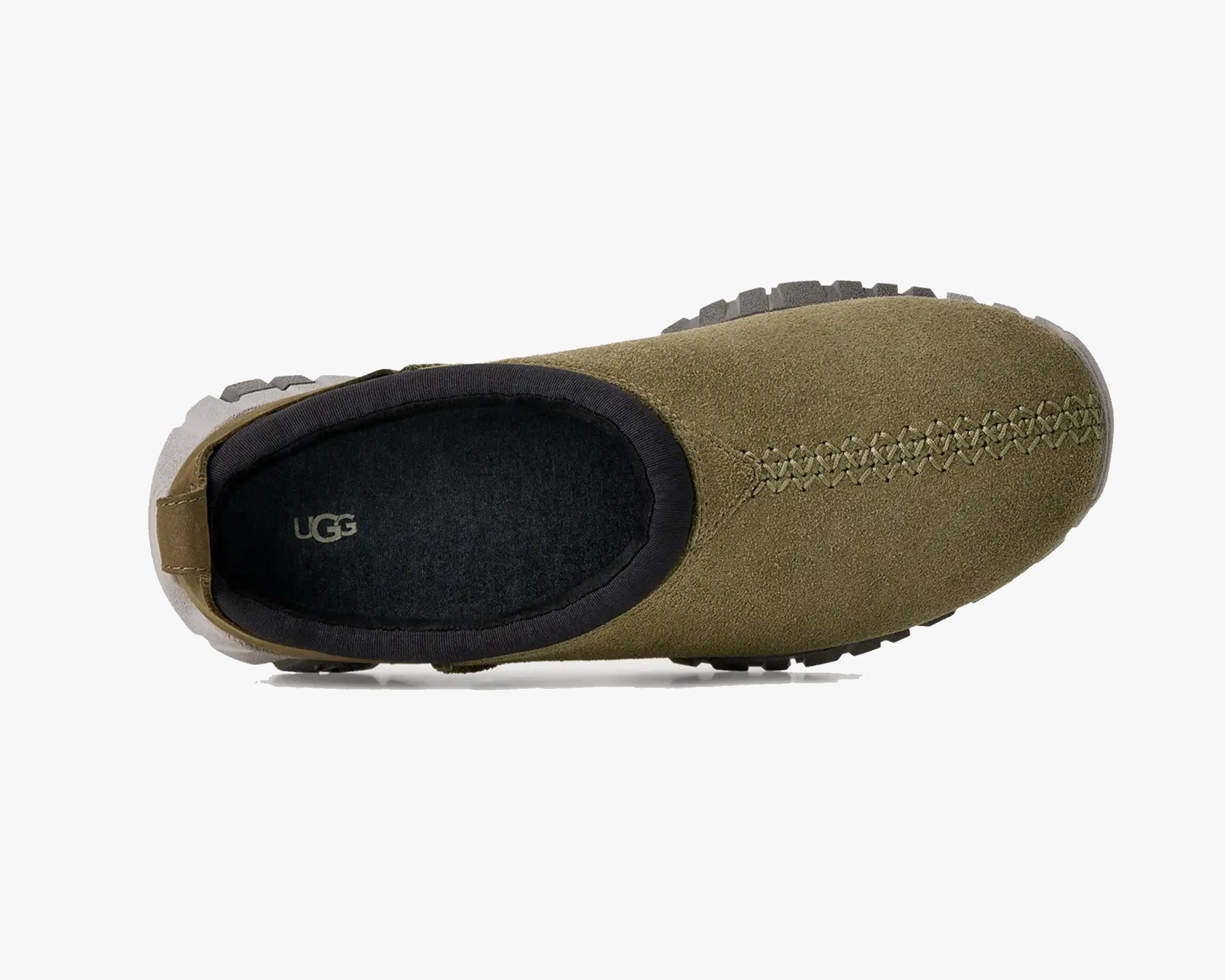 Olive green suede slip-on shoe with black inner lining and white rubber sole, viewed from above.