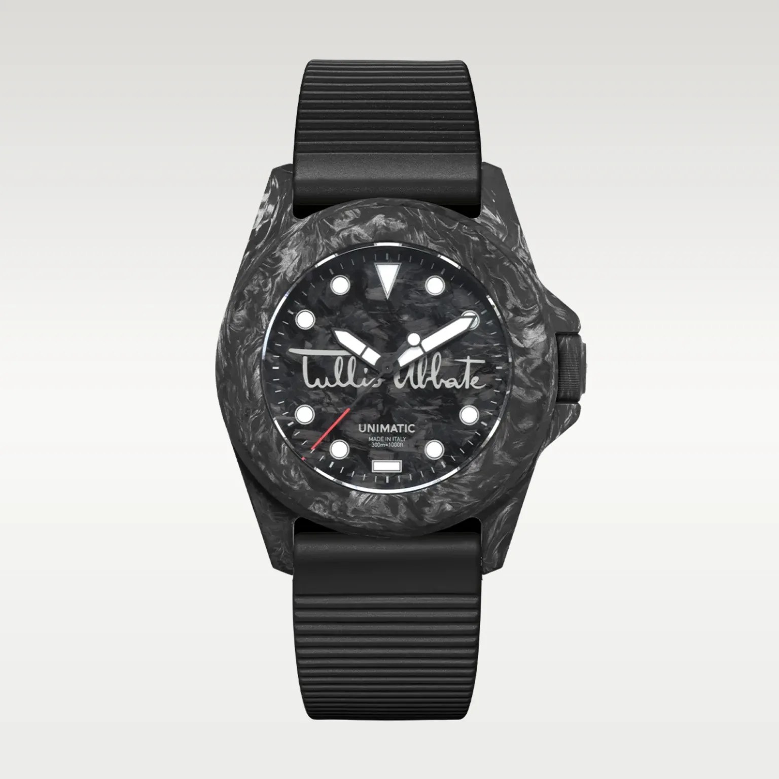 Black marbled watch with round dial, white hour markers, signature text on face, and black ribbed strap.