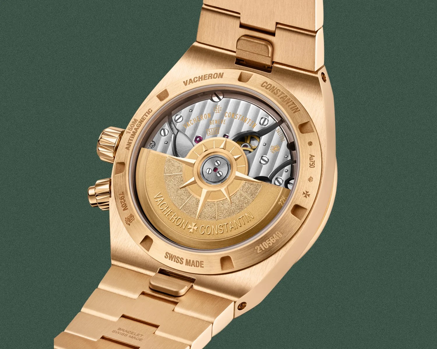 Rose gold Vacheron Constantin watch back showing intricate mechanical movement and bracelet links.