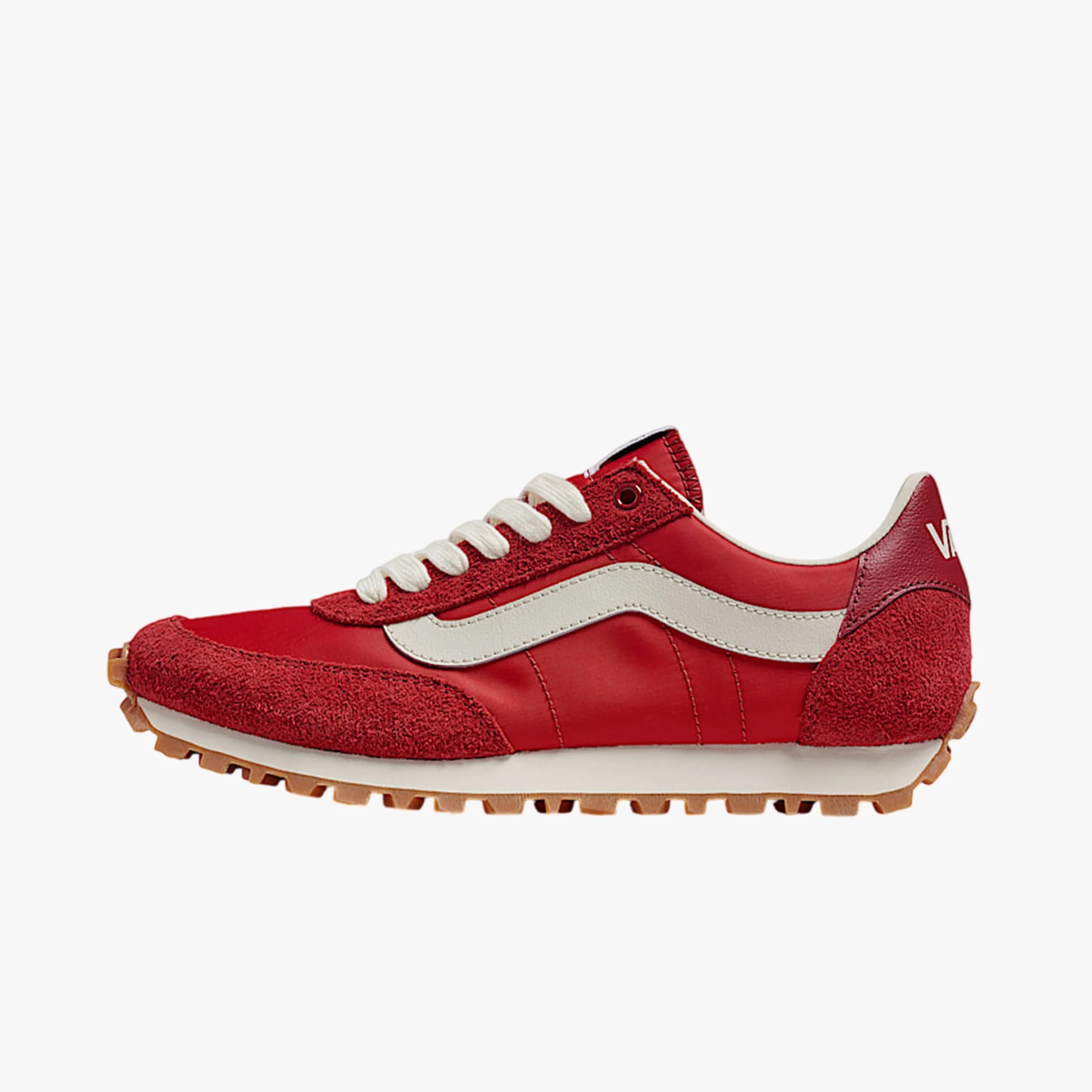 Red and white low-top sneaker with suede and leather panels and gum rubber sole.