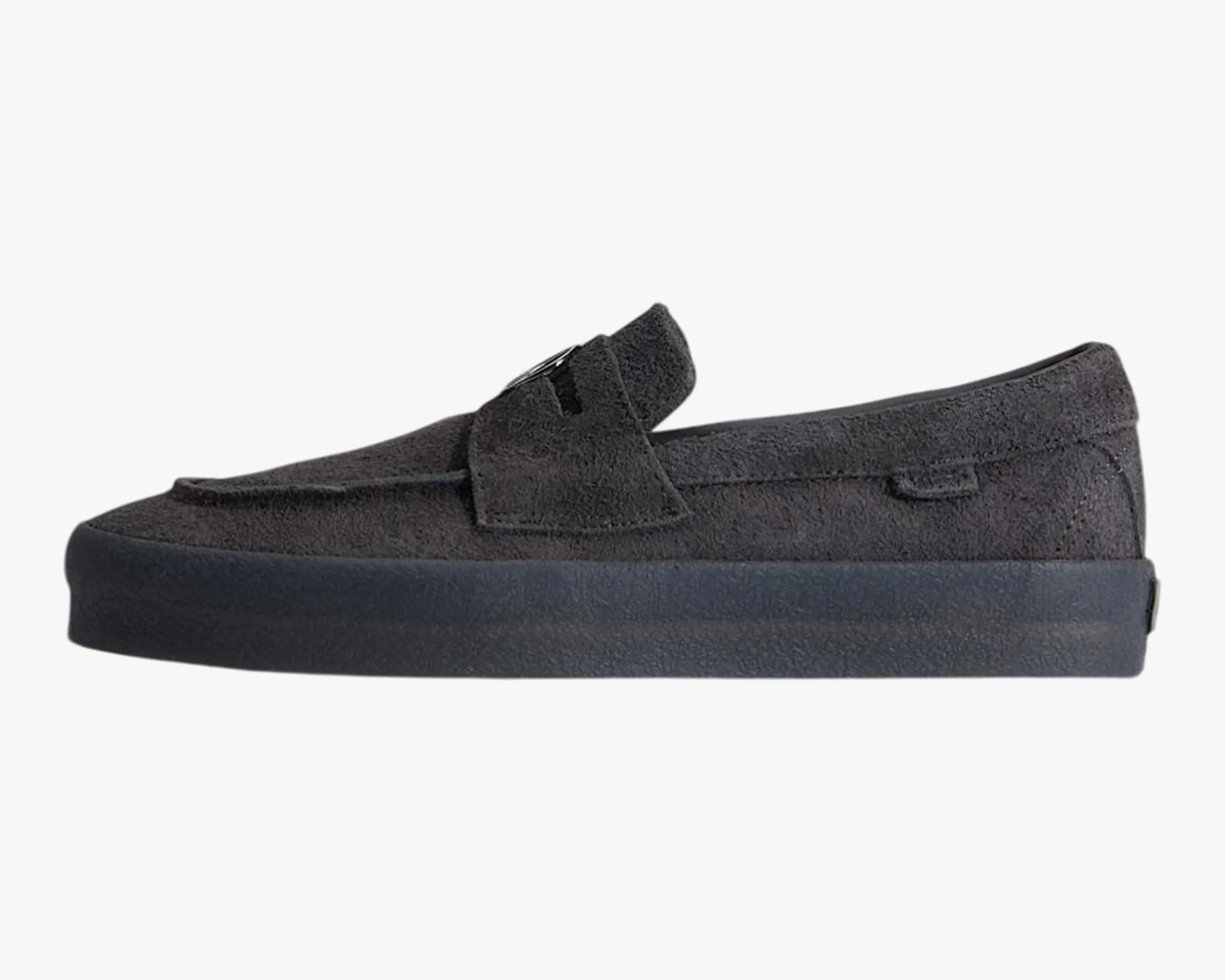 Black suede loafer with a thick black rubber sole and a strap across the upper.