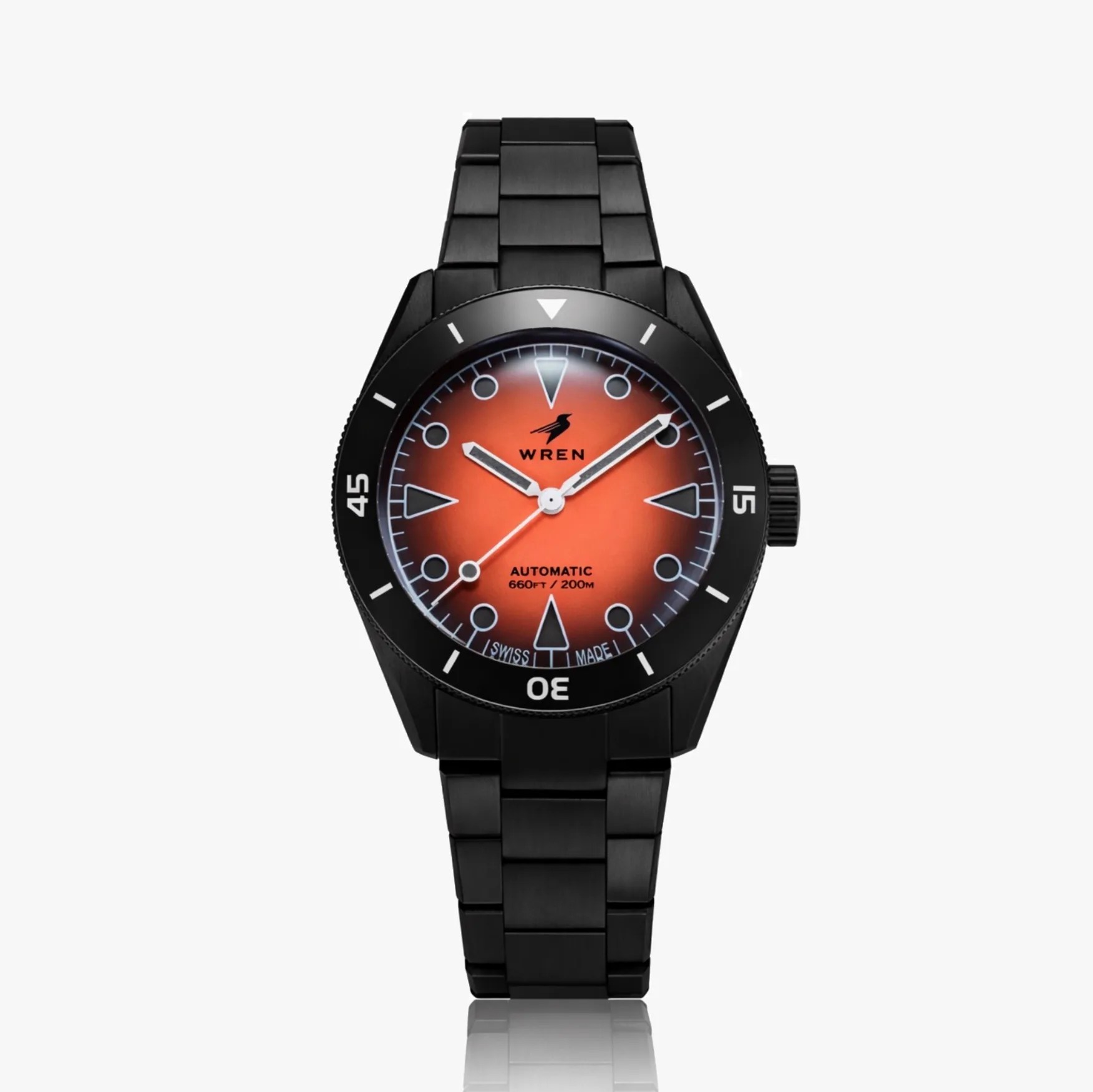Black metal wristwatch with orange gradient dial and white markers on a white background.