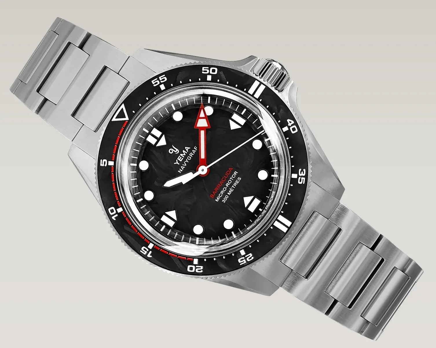 Stainless steel Yema Navygraf Barracuda dive watch with black dial and red-tipped arrow hour hand.