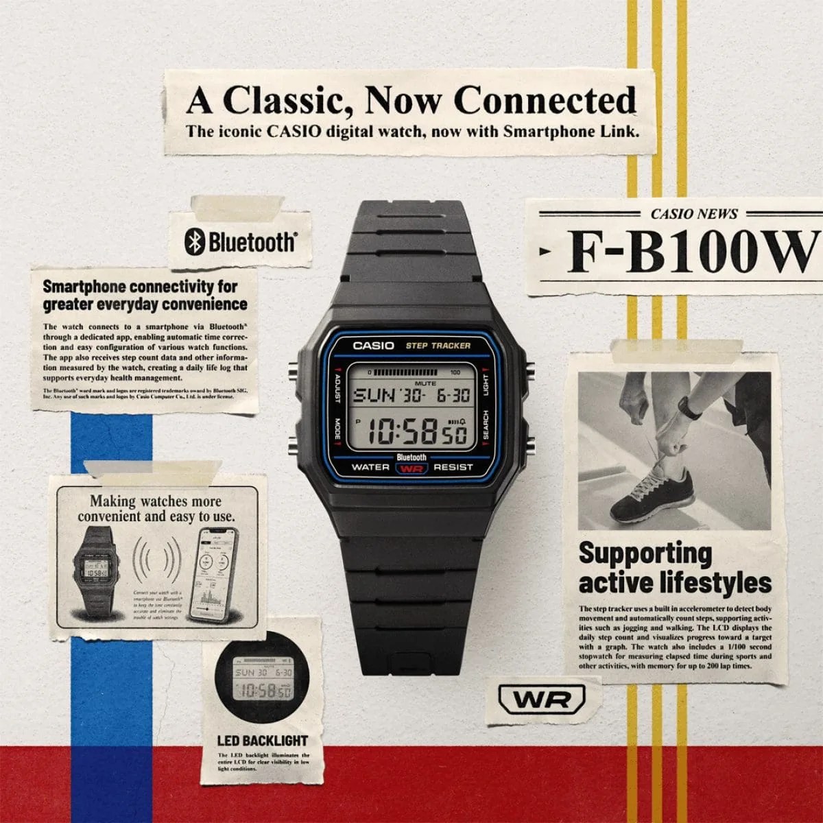 Black Casio F-B100W digital watch with Bluetooth, step tracker, and water resistance on a textured background with informational text.
