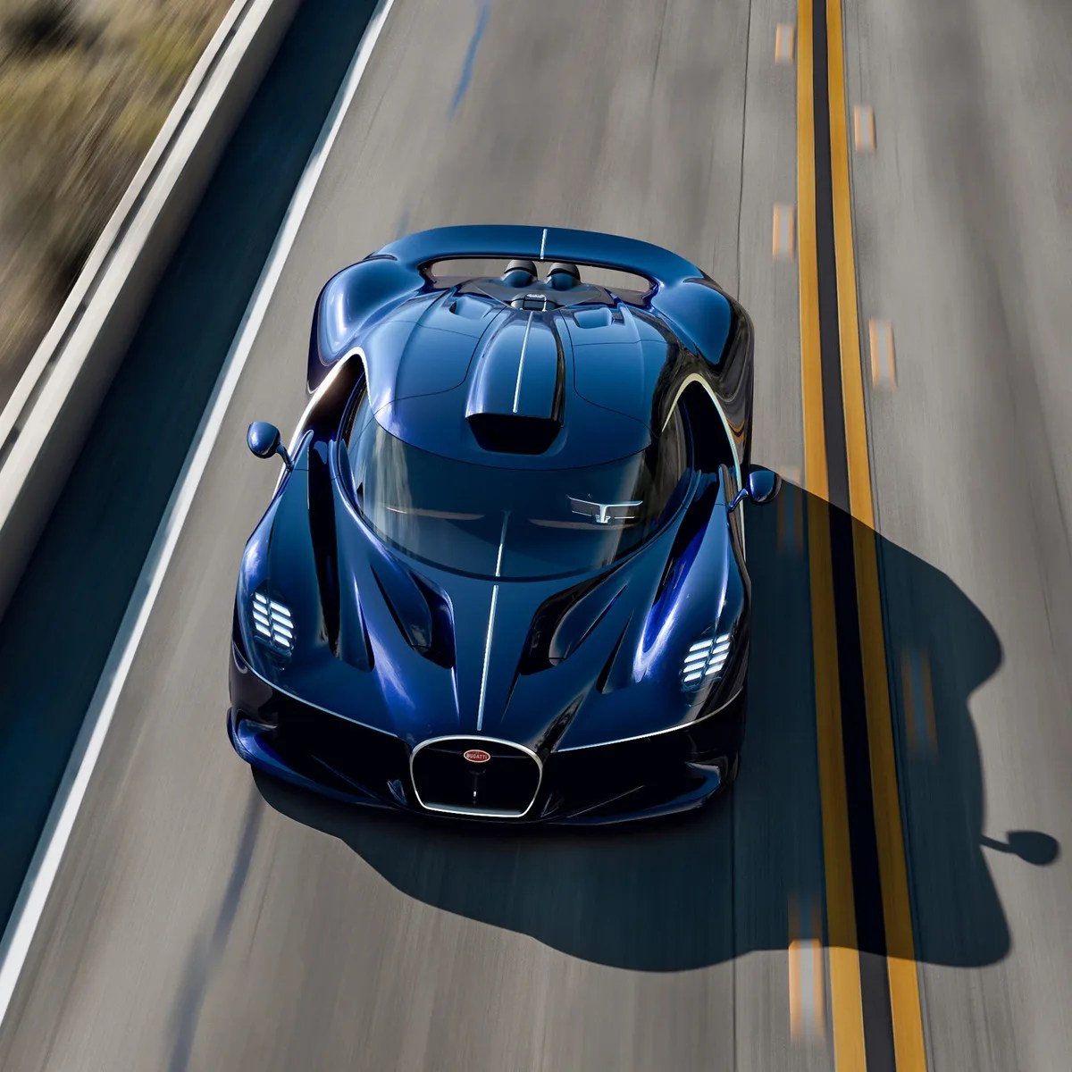 Dark blue Bugatti sports car with sleek aerodynamic design driving on a road with double yellow lines.