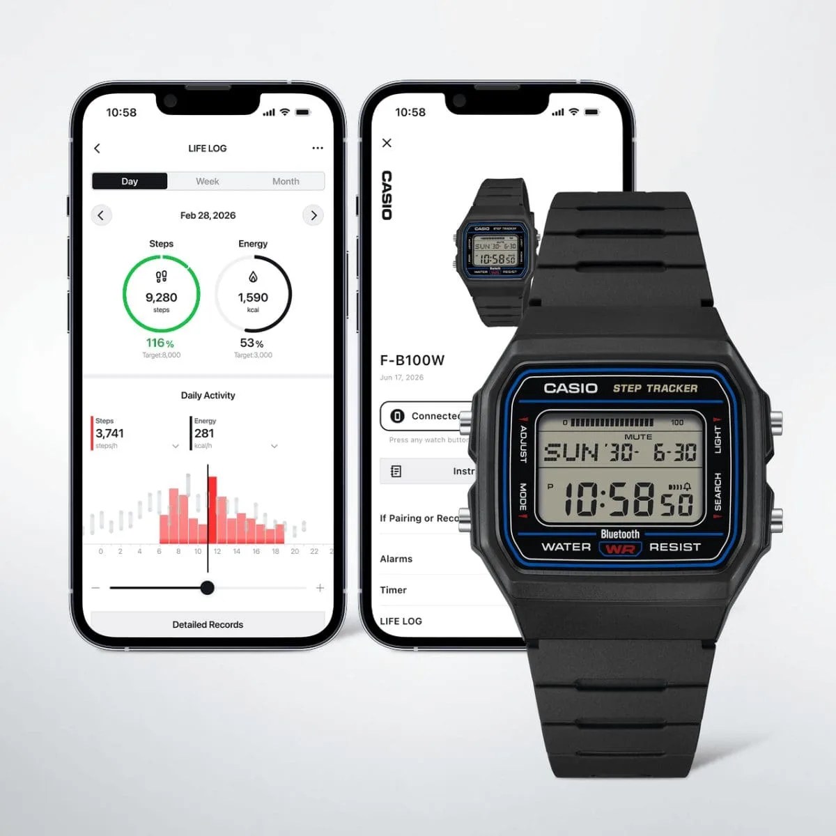 Black Casio F-B100W digital step tracker watch with Bluetooth displayed alongside two smartphones showing activity tracking apps.