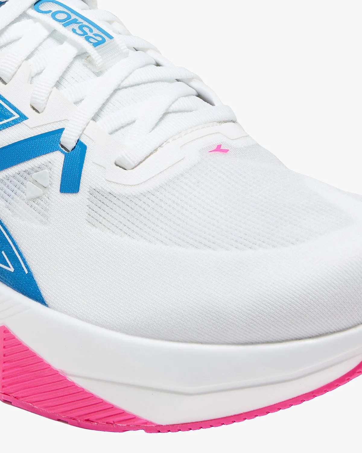 Close-up of a white running shoe with blue accents, white laces, and a pink outsole detail.