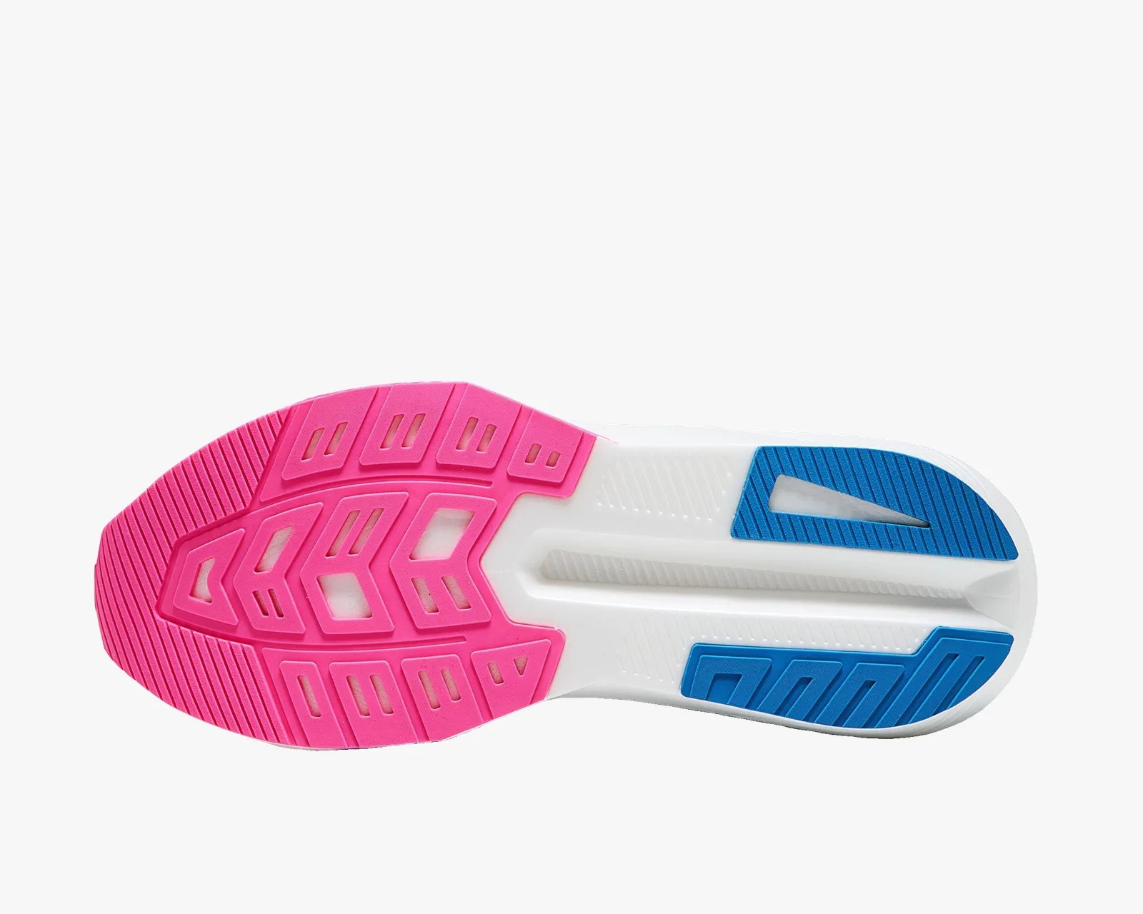 Shoe sole with pink tread on the forefoot and blue tread on the heel, white midsole.