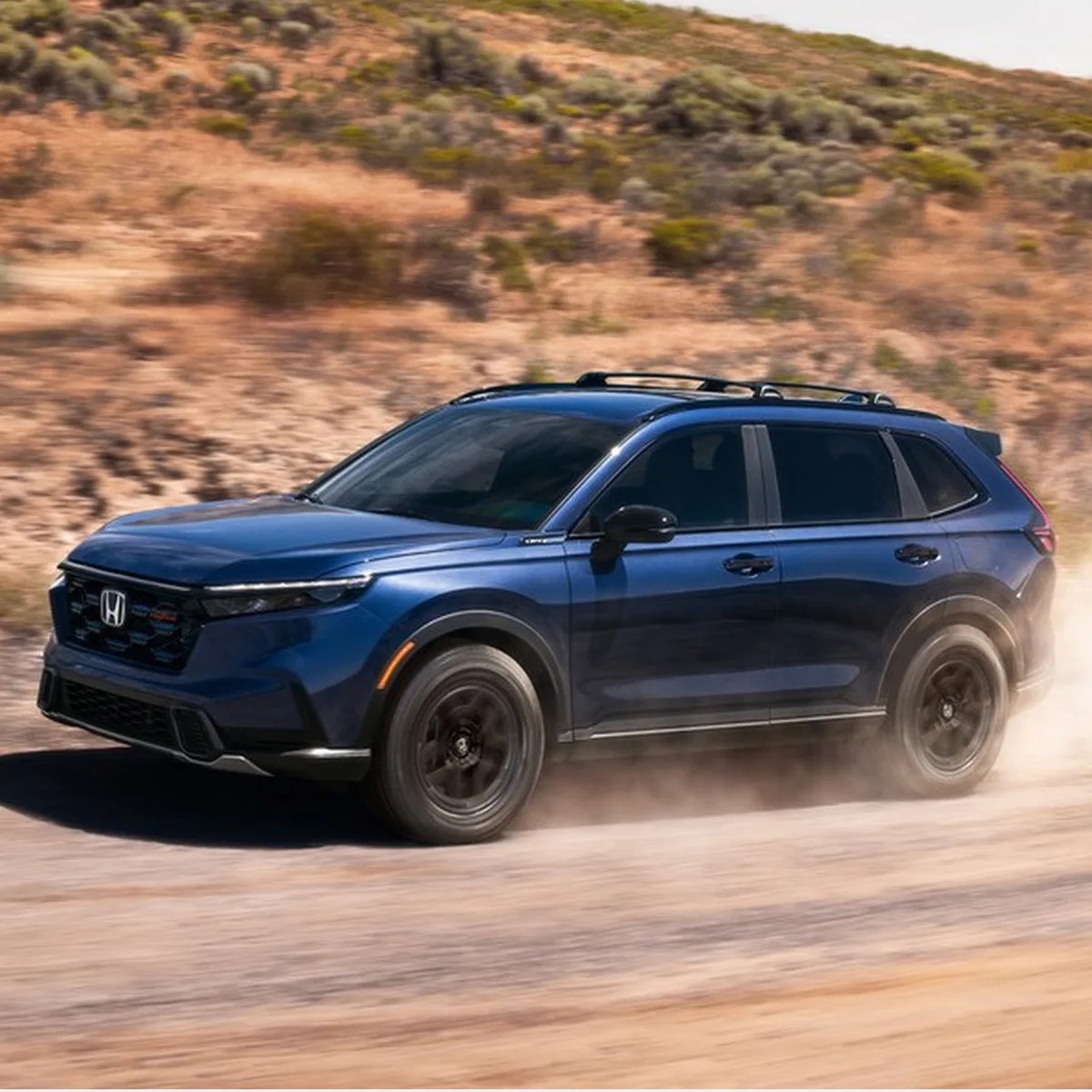 Blue Honda SUV driving on a dusty dirt road with blurred dry vegetation in the background.