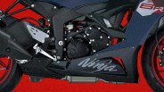 Close-up of a black Kawasaki Ninja motorcycle engine and frame with red wheels against a red background.