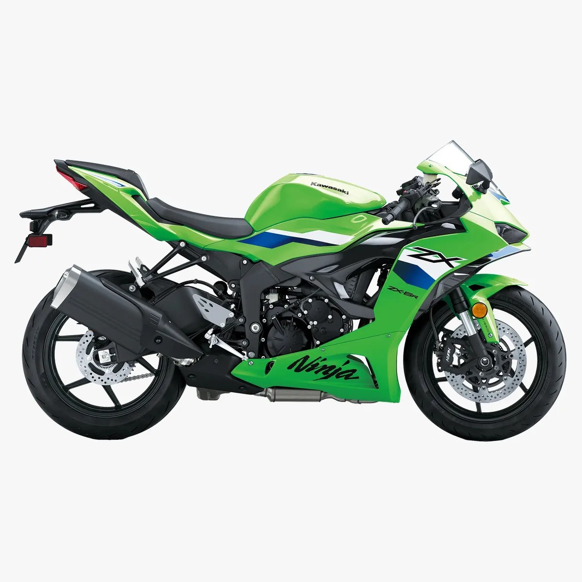Green Kawasaki Ninja ZX-6R sport motorcycle with black and blue accents on a white background.